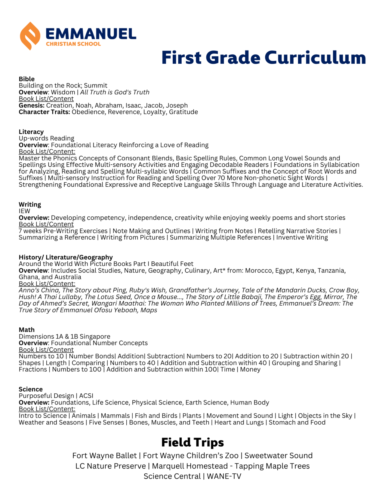 First Grade Course List 1st Grade Curriculum | Emmanuel Christian School