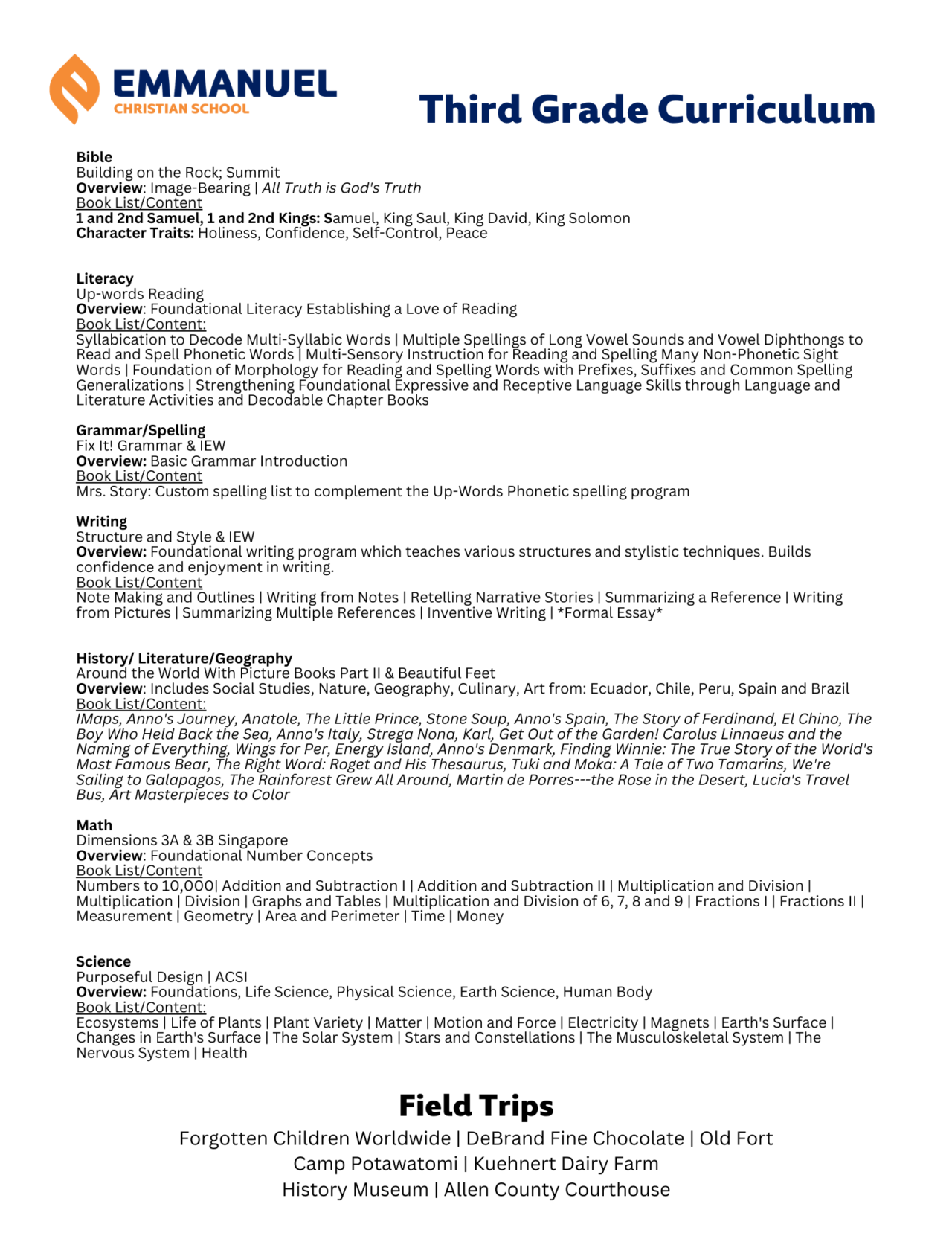 3rd Grade Curriculum | Emmanuel Christian School